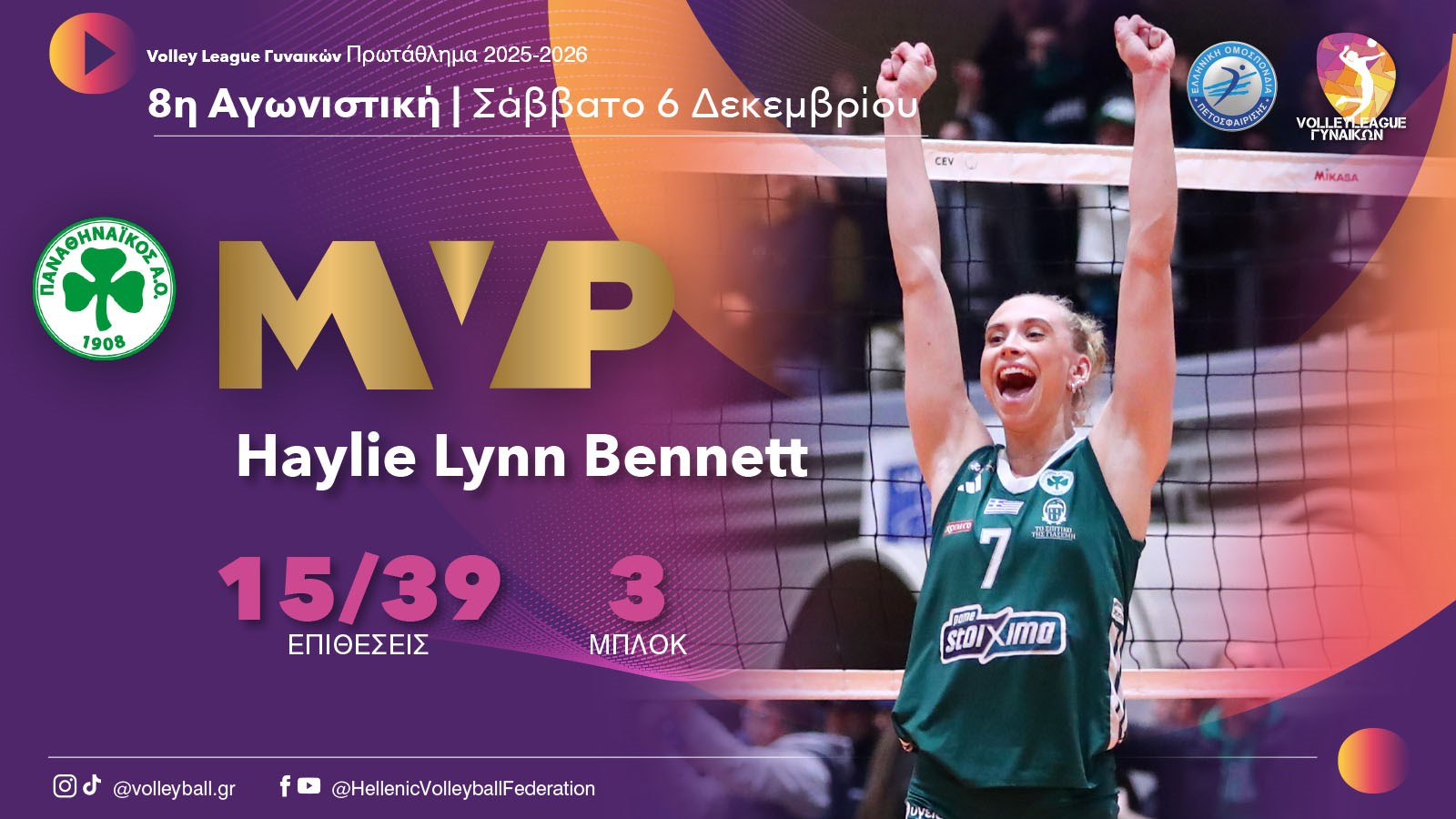Volley League Γυναικών: Η Χέιλι Μπένετ MVP της 8ης αγωνιστικής